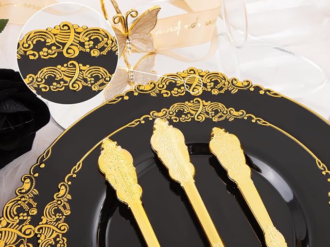 210 Pcs Black Gold Plates for Graduation | Black Party Plates Set for 30 Guests - Image 9