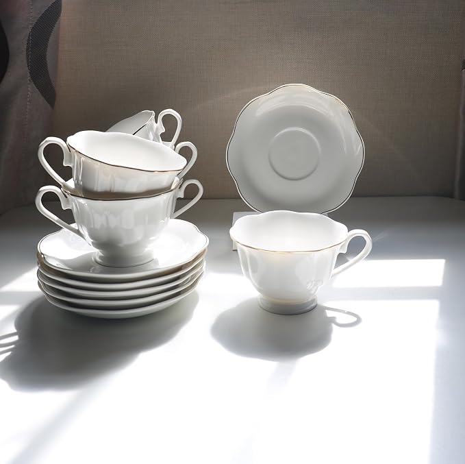 Guangyang 12 Pieces Tea Cup set Fine Porcelain 6oz Cup and Saucer set of 6 - Image 7