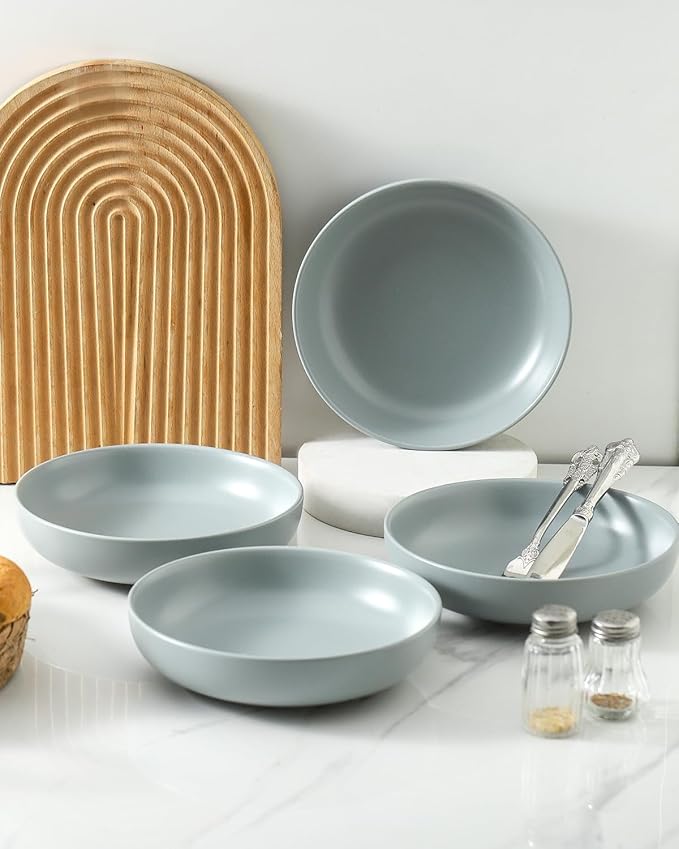 Pasta Bowls – Large Serving Bowls, 34oz Ceramic Plates Set of 2 for Salad, Pasta, Dishes – Microwave Safe, Cooking, Family Dinners, Couples & Parties,Grey