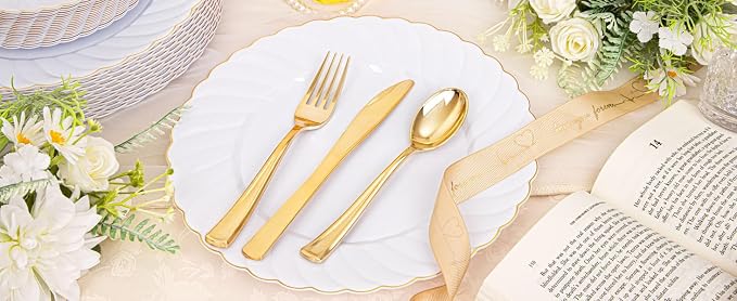 YOUBET 125PCS White and Gold Plastic Plates - Image 9