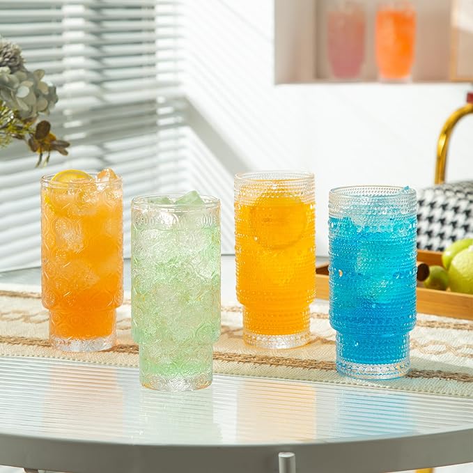 16oz Drinking Glasses Set of 4, 2 Hobnail Glasses & 2 Embossed Water Goblets - Image 9