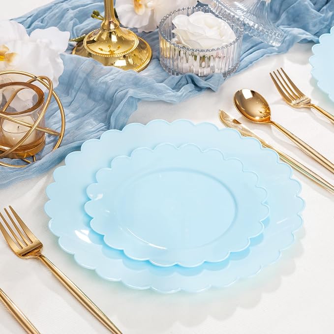 100Pcs Blue Scalloped Plastic Plates Set - Image 8