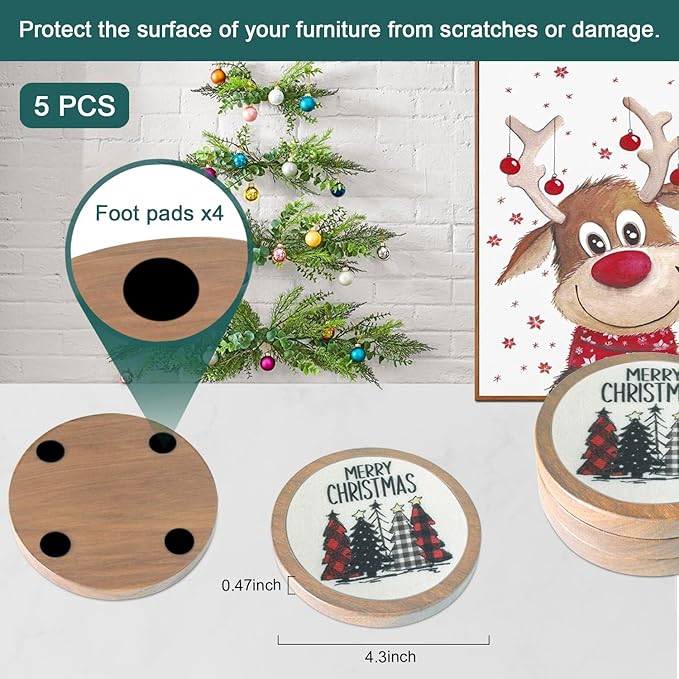 Christmas Tree Coasters for Drinks, Minacun Absorbent Coaster Set of 5 - Image 6