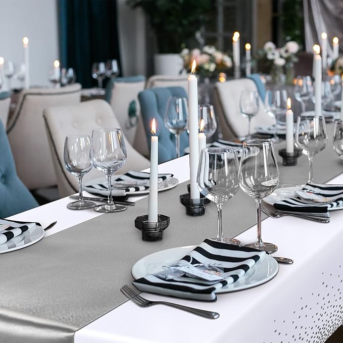 24 Packs White and Silver Disposable Plastic Tablecloths and Satin Table Runner - Image 6