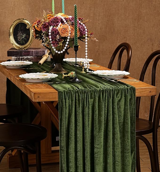Olive Green Velvet Table Runner 29x120 Inch 10ft Long Soft Velvet Fabric | 10ft - Image 7