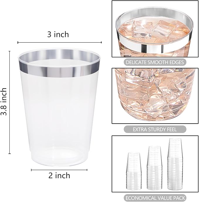 DaYammi 200 Pack Silver Plastic Cups 10 Oz Clear Plastic Cups Silver Rimmed - Image 9