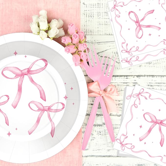 100 Pcs Pink Ribbon Bow Party Supplies Set, Serves 25 – Disposable Paper Plates - Image 7