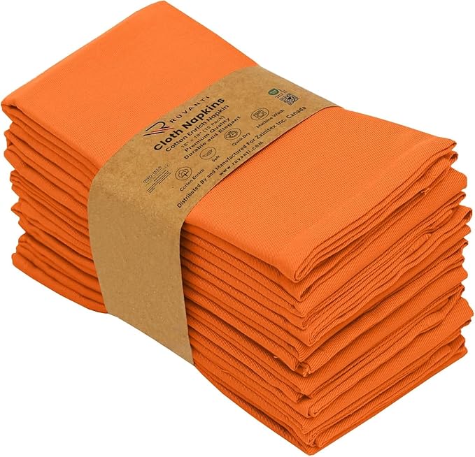 Ruvanti Cloth Napkins Set of 12, 18x18 Inches Napkins Cloth Washable, Soft, Durable, Absorbent, Cotton Blend. Table Dinner Napkins Cloth for Thanksgiving, Halloween Dinners Parties - Orange/Fall
