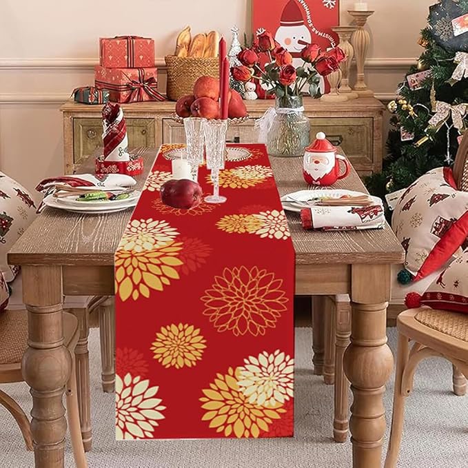 Red Yellow Table Runner Merry Christmas New Year Dahlia Pinnata Flower Beige - Image 6