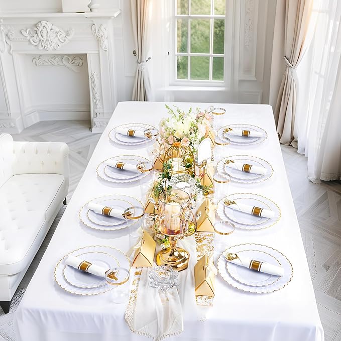 YOUBET 350PCS White and Gold Scalloped Plastic Plates - Image 9