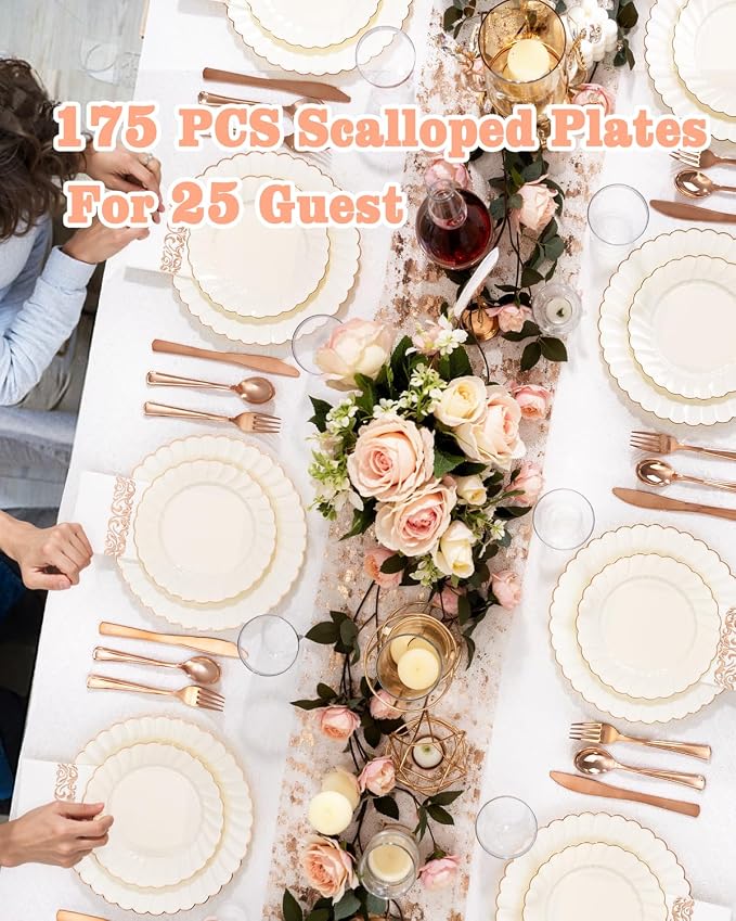 YOUBET 175PCS Ivory Scalloped Plastic Plates - Image 9