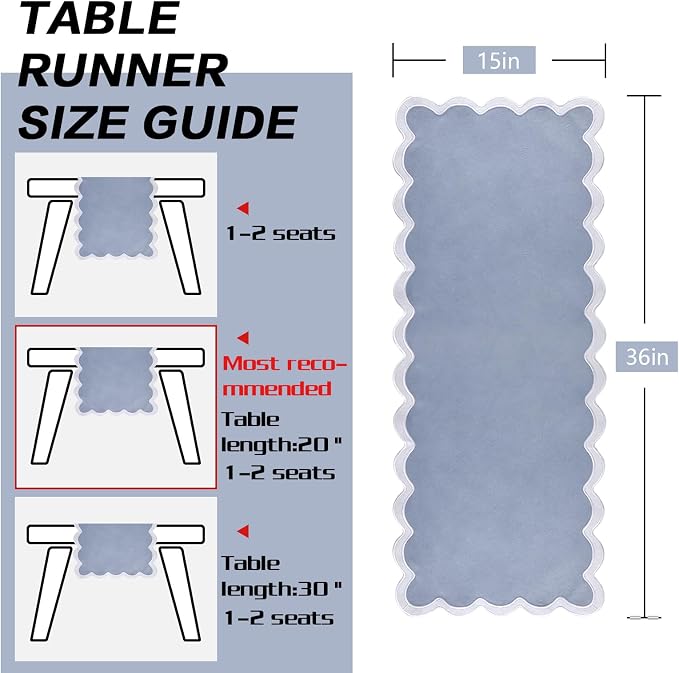 Small Dusty Blue Table Runner 15x36 Inch, Vintage Scalloped Coffee Table Cover - Image 9