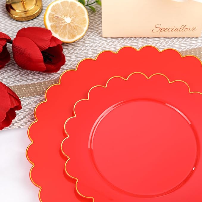 LIYH 210pcs Red Gold Scalloped Plastic Plates, Elegant Party Dinnerware | Heavy - Image 8