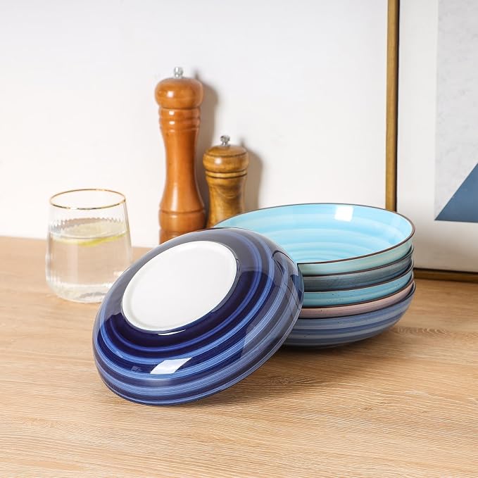 KitchenTour Large Pasta Bowls 34 oz, Ceramic Salad Serving Bowls Set of 6 - Image 8