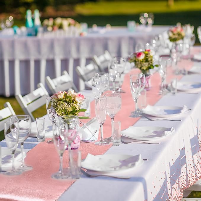 8 Pack White and Rose Gold Disposable Plastic Tablecloths and Satin Table - Image 6