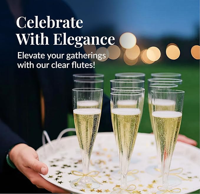Prestee Set of 200 Plastic Champagne Flutes - Clear Champagne Glasses for Parties, Weddings, Events - 4.5 oz Disposable Drinkware - Elegant Stemware for Toasts Cocktails Mimosas