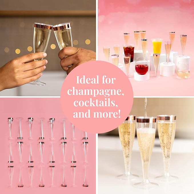 Prestee Set of 24 Plastic Champagne Flutes with Rose Gold Rim - 4.5 oz - Shatterproof Disposable Glasses - Elegant Design - Ideal for Weddings, Cocktail Parties, and Outdoor Celebrations