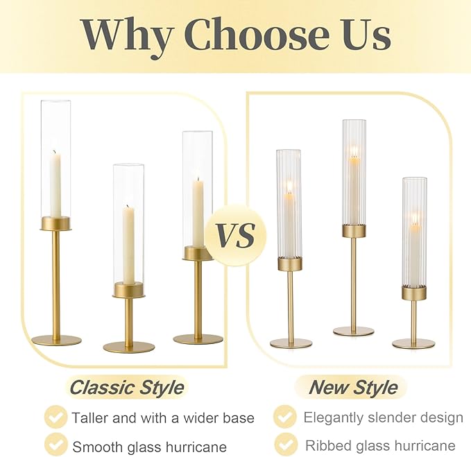 Hewory Gold Candle Holders - 6Pcs Brass Hurricane Candlestick Holders with Glass Candle Cover for Wedding Table Centerpiece Christmas Decor