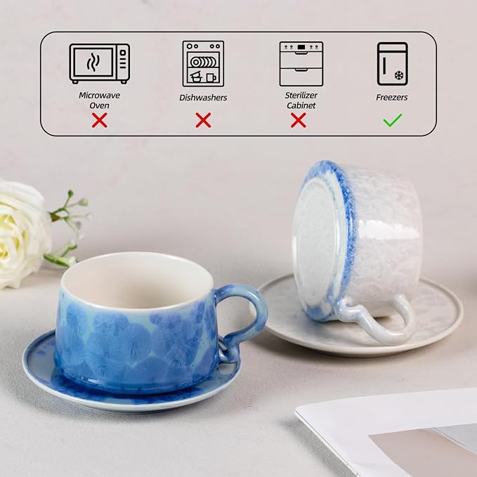 KAMMAK Tea Cups and Saucers Set of 2, 7.5 oz Glaze Coffee Mugs, 724N | - Image 7