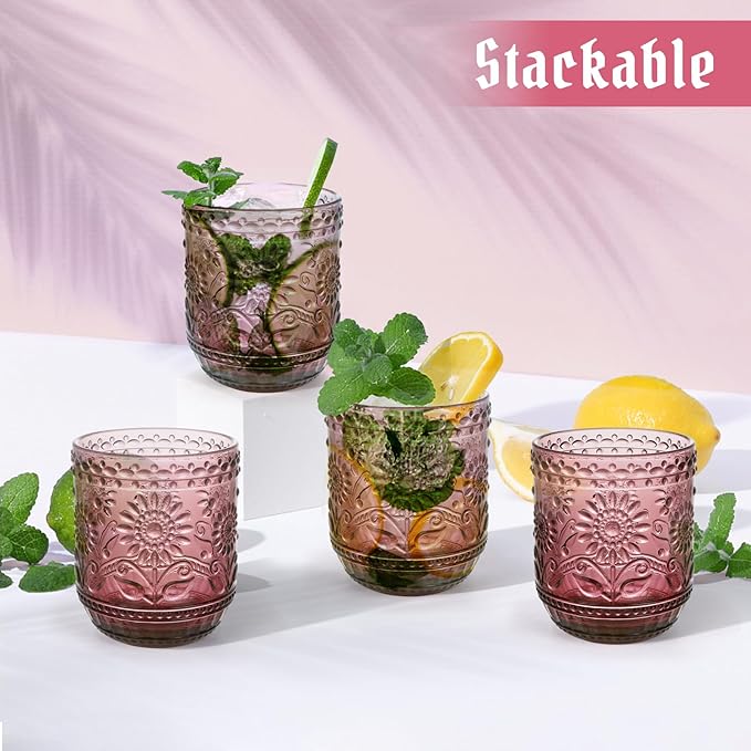 Topsky Vintage Drinking Glass Set of 4, 12 oz Embossed Floral Drinkware Set - Image 8