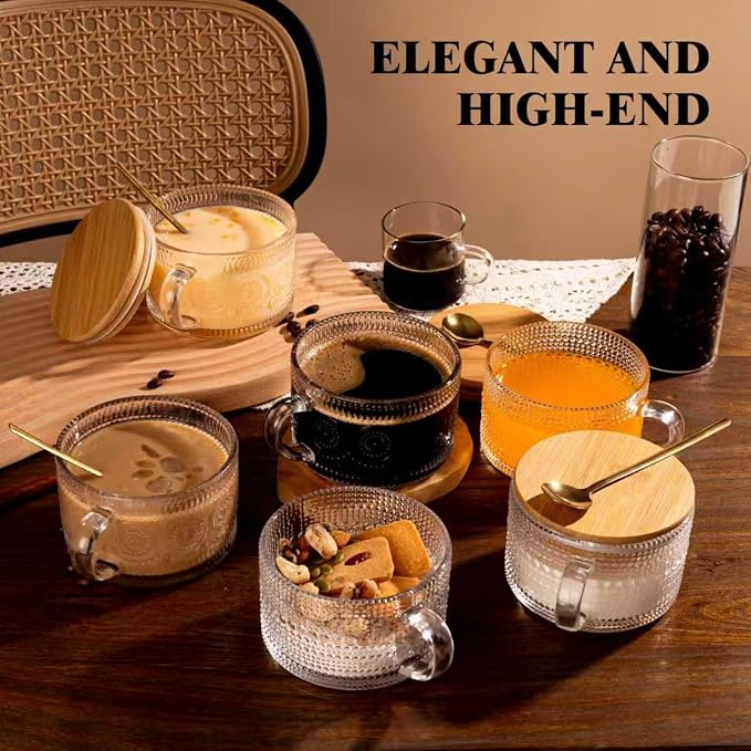 6 PACK Vintage Glass Coffee Mugs 14oz Clear Embossed Tea Cup Set - Image 7