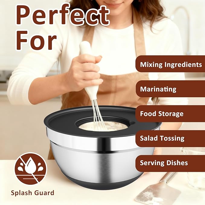 9 Pack Mixing Bowls with Airtight Lids Set, Stainless Steel Mixing Bowls with Grater Attachments, Nesting Kitchen Bowl Set with Non-Silp Bases, Size 5, 4, 3, 2, 1.5,1QT, Black