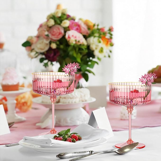 24 PCS Ribbed Coupe Glasses Pink Plastic Champagne Coupe Cup 10oz Detachable Gold Rim Espresso Martini Glass Vintage Margarita Glassware Cocktail Glass for Wedding Bachelorette Party