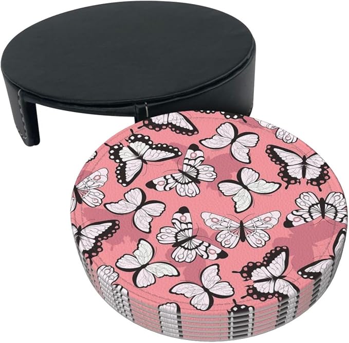 Drink Coasters with Holder Stand Set of 6, Butterfly Pattern Pu Leather - Image 9