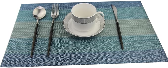 Placemats Washable Easy to Clean PVC Placemat for Kitchen Table Heat-resistand Woven Vinyl Hard Table Mats 12x18 inches Set of 6 (Blue)