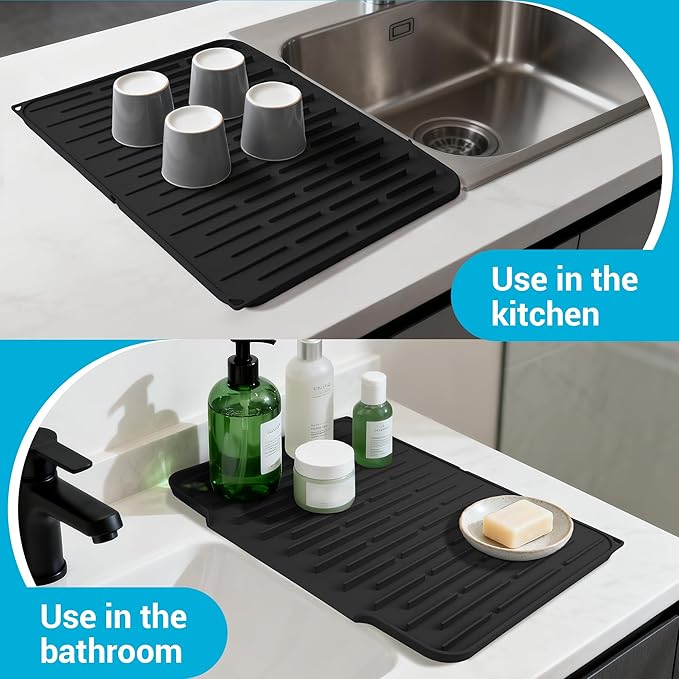 Silicone Dish Drying Mat for Kitchen Counter, Foldable & Heat Resistant Drying Pad with 5° Slope & Wide Drain, 15x12 Inch Non-slip Sink Mat for Bathroom and Countertop.(Black)