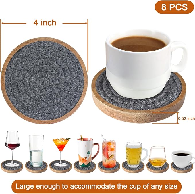 Wood Coasters for Drinks, Eykao Absorbent Coaster Sets of 8, Woven Drink - Image 6