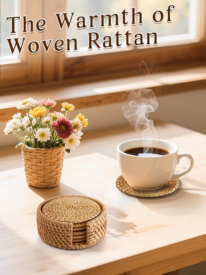 6Pcs Handmade Natural Rattan Coasters Set - Image 7