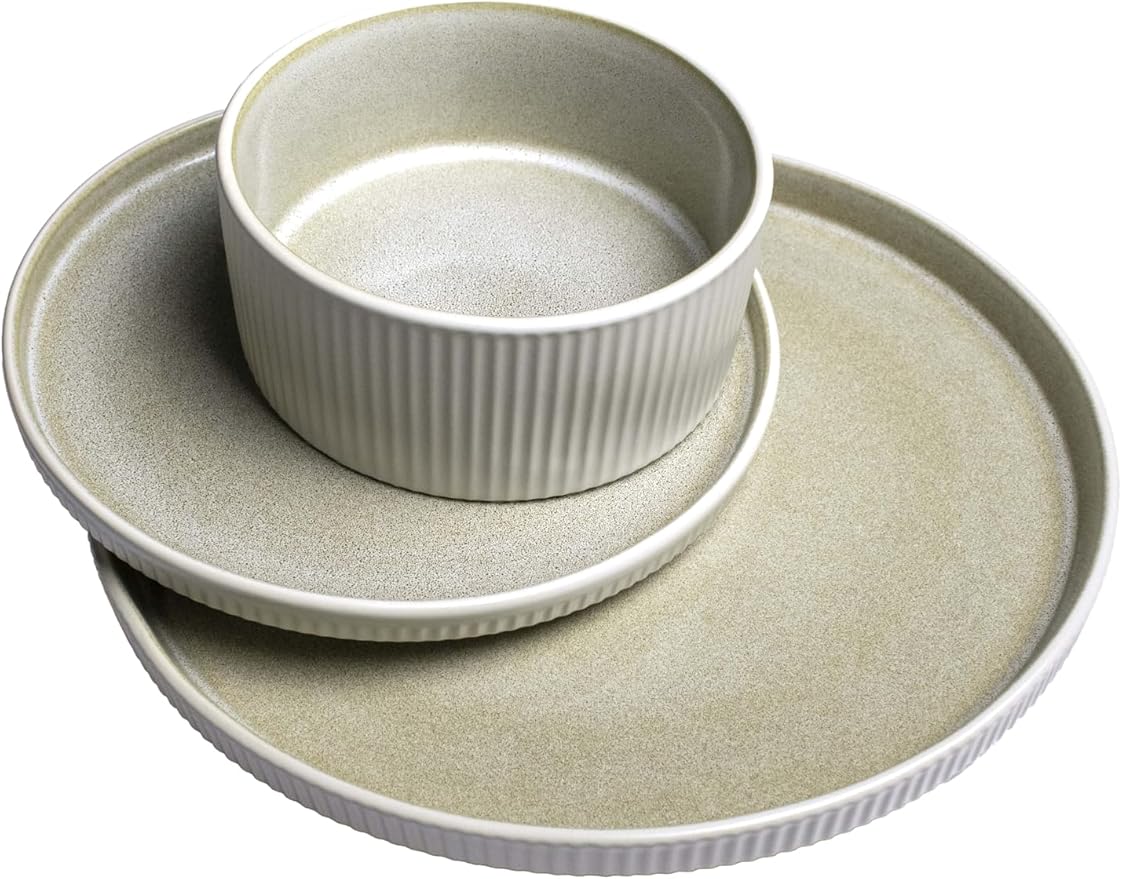Sango 12 Pieces Stoneware Fluted Dinnerware Set, Modern Cream Dishes - Image 9