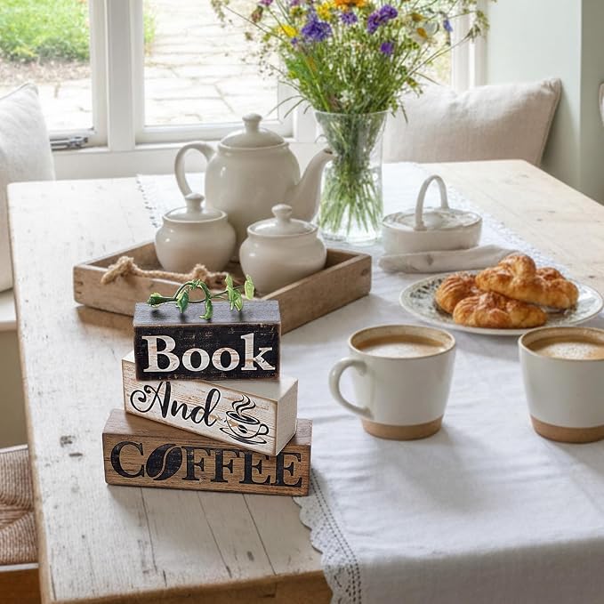 Moucuny 4 Pcs Farmhouse Table Decor Rustic Wooden "book and Coffee" Stacked - Image 7