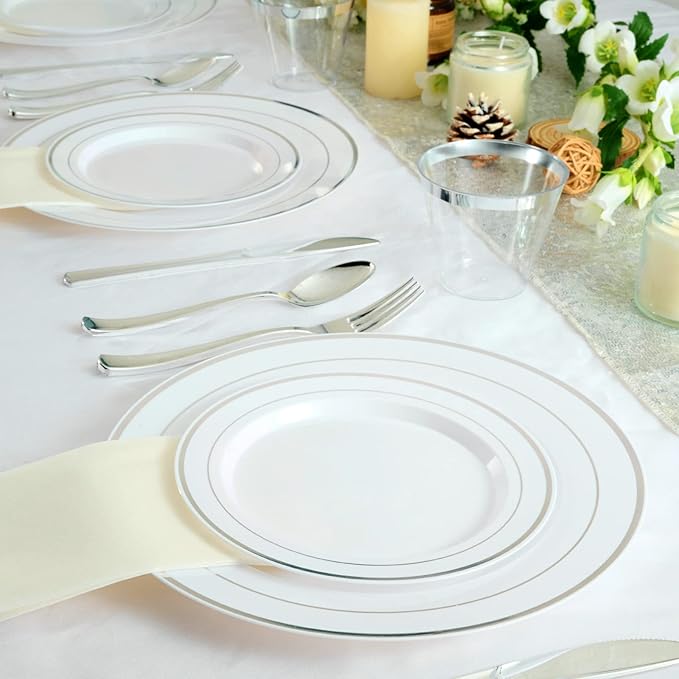 FOCUSLINE Silver Plastic Plates Set of 60, Disposable Plates - Image 7