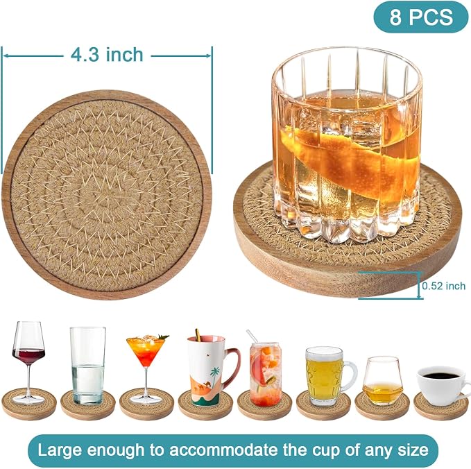 Eykao Wood Coasters for Drinks, Absorbent Coaster Sets of 8, Woven Drink - Image 6