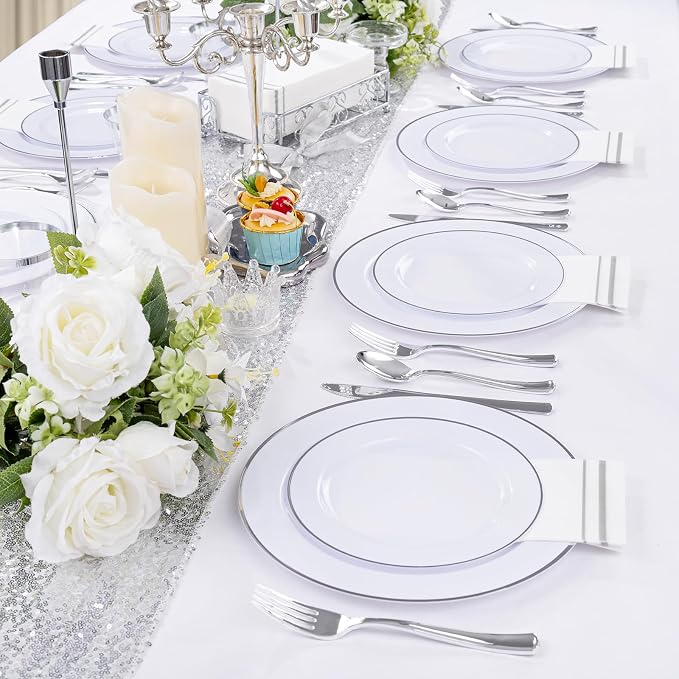 SUT 350 Piece Silver and White Plastic Dinnerware Set - Image 7