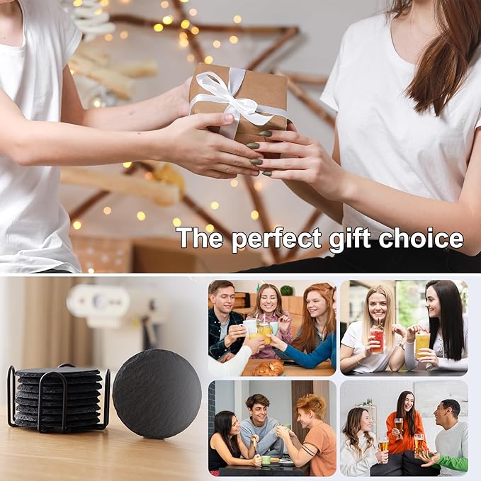 Slate Coasters Set of 12,4-Inch Black Round Stone Drink Coasters with Scratch-Resistant Backing, Durable Tabletop Protection for Home Office Kitchen, Ideal Housewarming Wedding Gifts