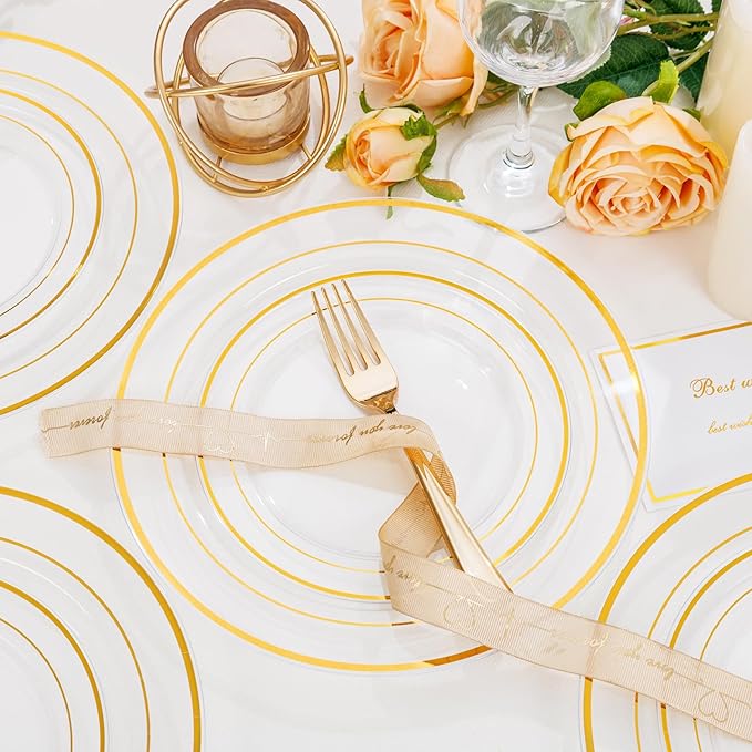102 Pcs Clear Gold Plastic Plates, Premium Disposable Party Plates | Clear and - Image 9