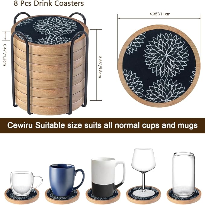 Wood Coasters Set of 8 with Holder, Cewiru Cup Mat - Image 6