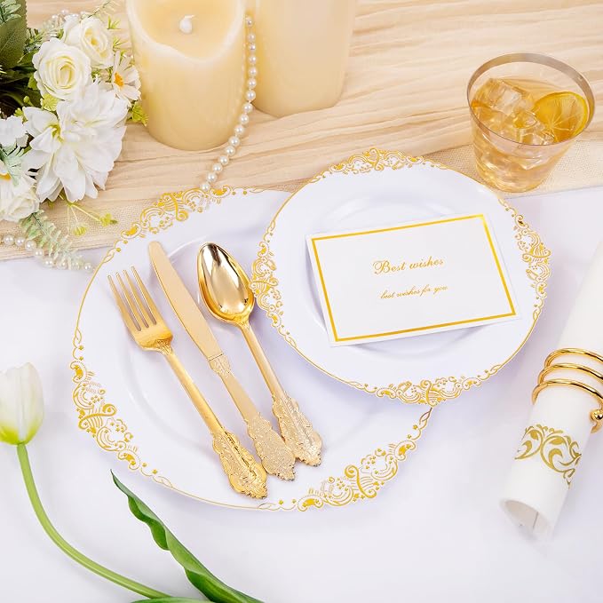 350 Pcs White Gold Plates for Wedding | White Party Plates Set for 50 Guests - Image 9