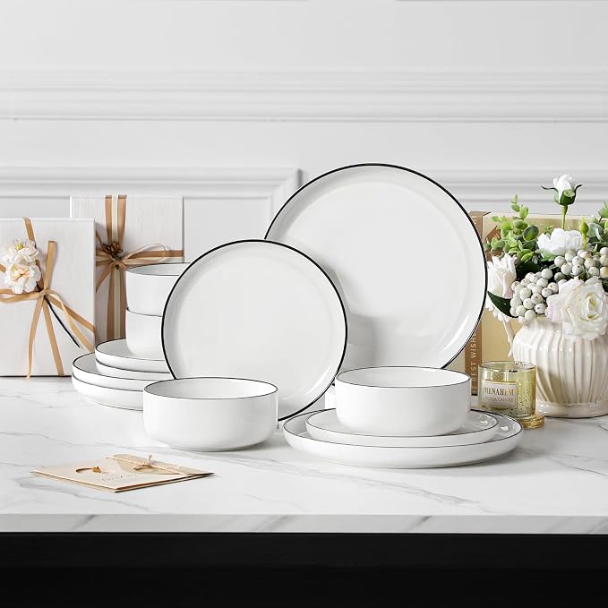 MALACASA Plates and Bowls Sets, 12 Pieces Modern Porcelain Dinnerware Set - Image 9