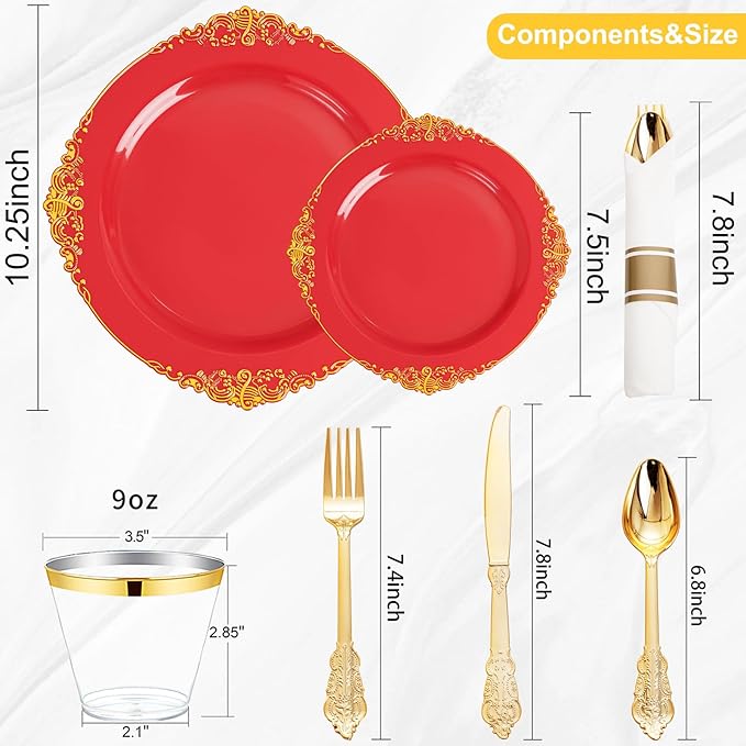 Nervure 350Pcs Red Plastic Plates, Disposable Dinnerware Set - Image 9