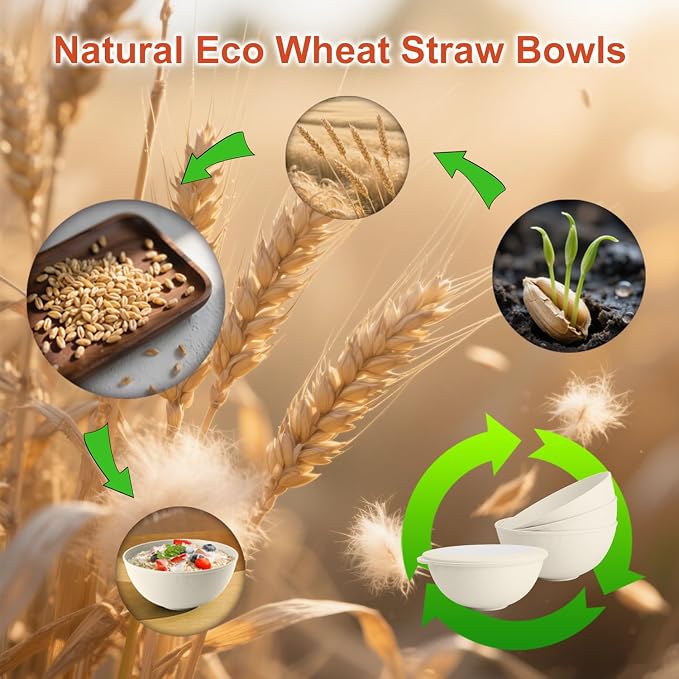 Wheat Straw Bowls with Lids Set of 4, Unbreakable Cereal Bowls 40oz, - Image 8