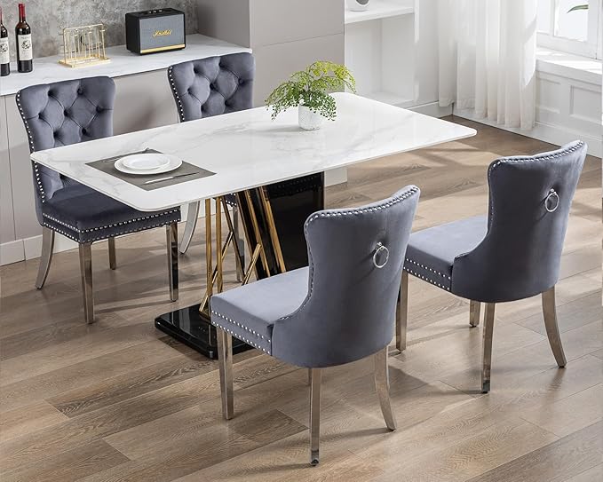 KCC Velvet Dining Chairs Set of 6, Upholstered High-end Tufted Dining Room Chair with Nailhead Back Ring Pull Trim Stainless Steel Legs, Contemporary Nikki Collection Modern Style for Kitchen, Gray
