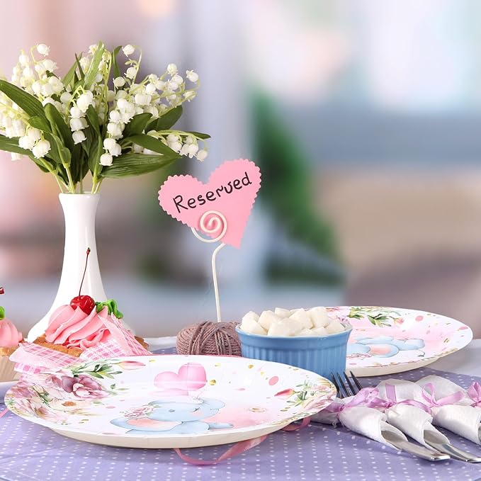 7 Inch Pink Elephant Baby Shower Paper Plates 60 Pcs It's a Girl Tableware Decorations Baby Shower Plate for Girl Gender Reveal Plates Party Supplies for Pink Floral Party