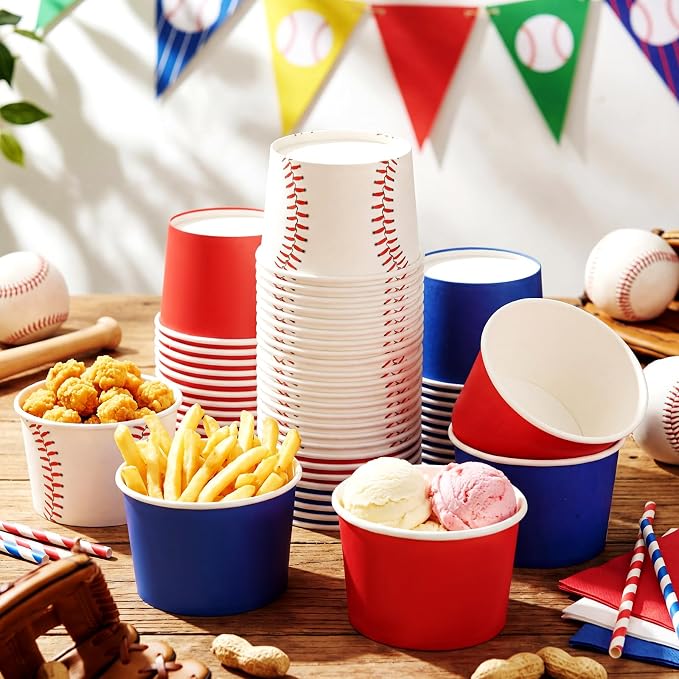 CHENGU 60 Pcs Baseball Snack Cups 9 oz Baseball Disposable Ice Cream Bowls - Image 7