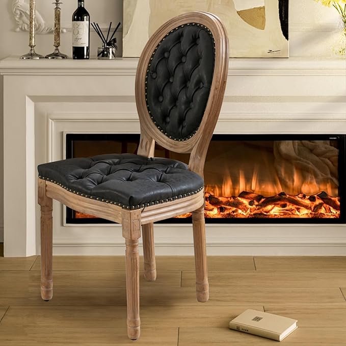 SoarFlash French Dining Chairs Set of 4, Vantage Dining Chair with Round Back, Farmhouse Country PU Leather Dining Chair for Kitchen,Bedroom,Black
