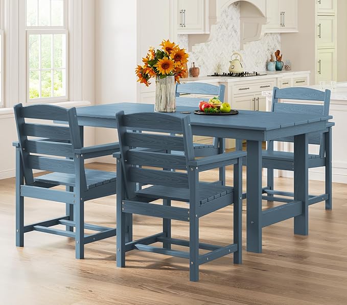SERWALL Dining Table Chairs Set for 4,67" Extended Large Dining Table with 4 Chairs, HDPE Dining Set for Home, Kitchen, Dining Room, Blue