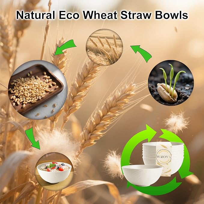 Beige Wheat Straw Bowls for Cereal and Salad, Alternative Plastic Bowls Set of 6 - Image 7